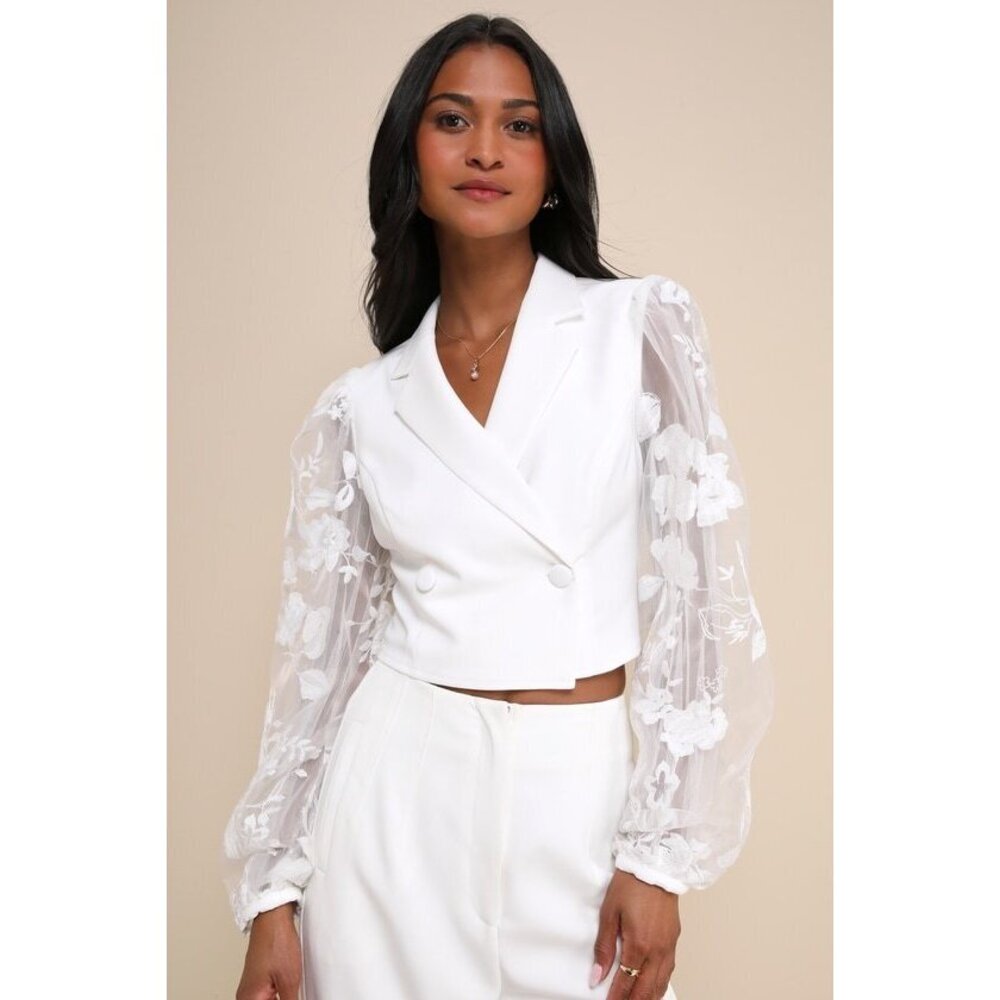 Lulus Exquisitely Stylish White Cropped Sheer Balloon Sleeve Blazer - Size S